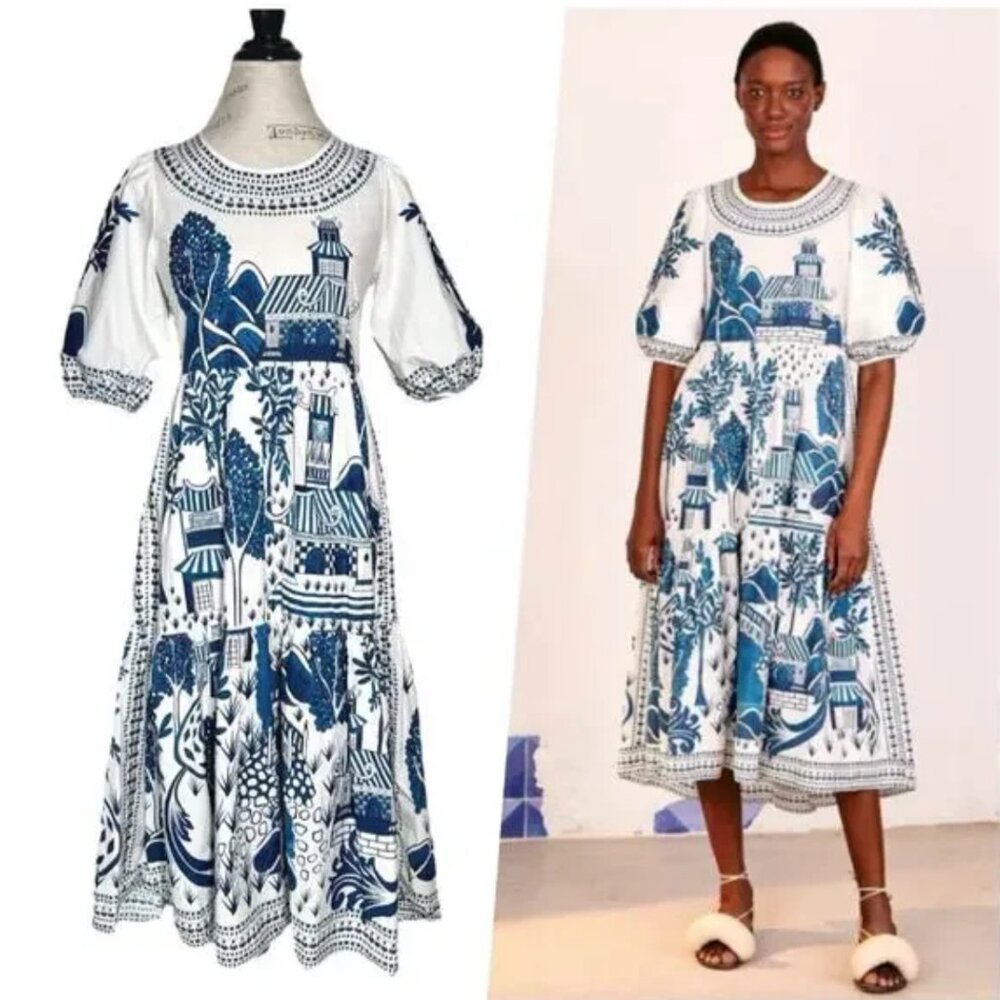 FARM Rio Blue and White ancient gardens Midi Dress